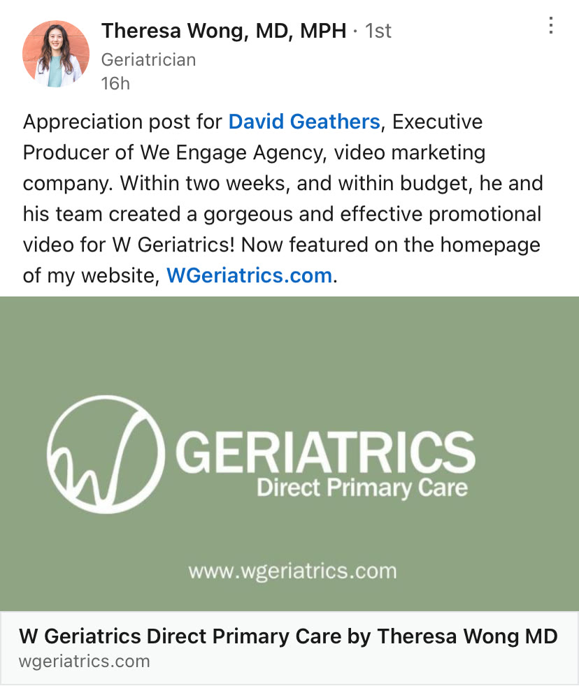Dr. Theresa Wong, MD MPH, publicly thanking We Engage Agency: within two weeks and within budget they created a gorgeous and effective promotional video, now featured on the homepage of her website.